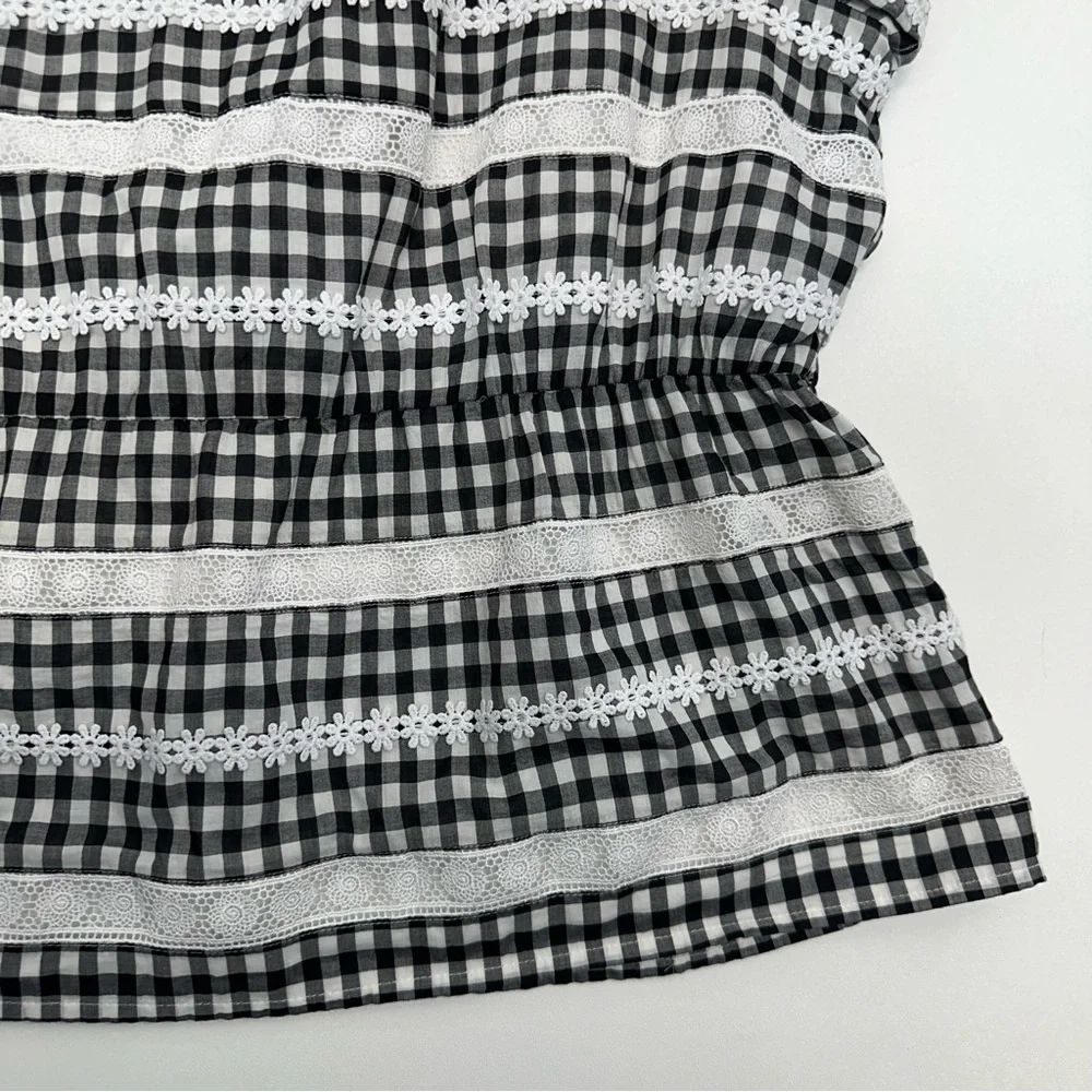 J. Crew Black and White Gingham Smocked Waist Puff Sleeve Blouse